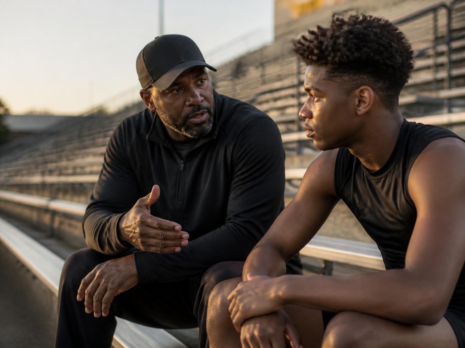 A coach in conversation with a teenage athlete